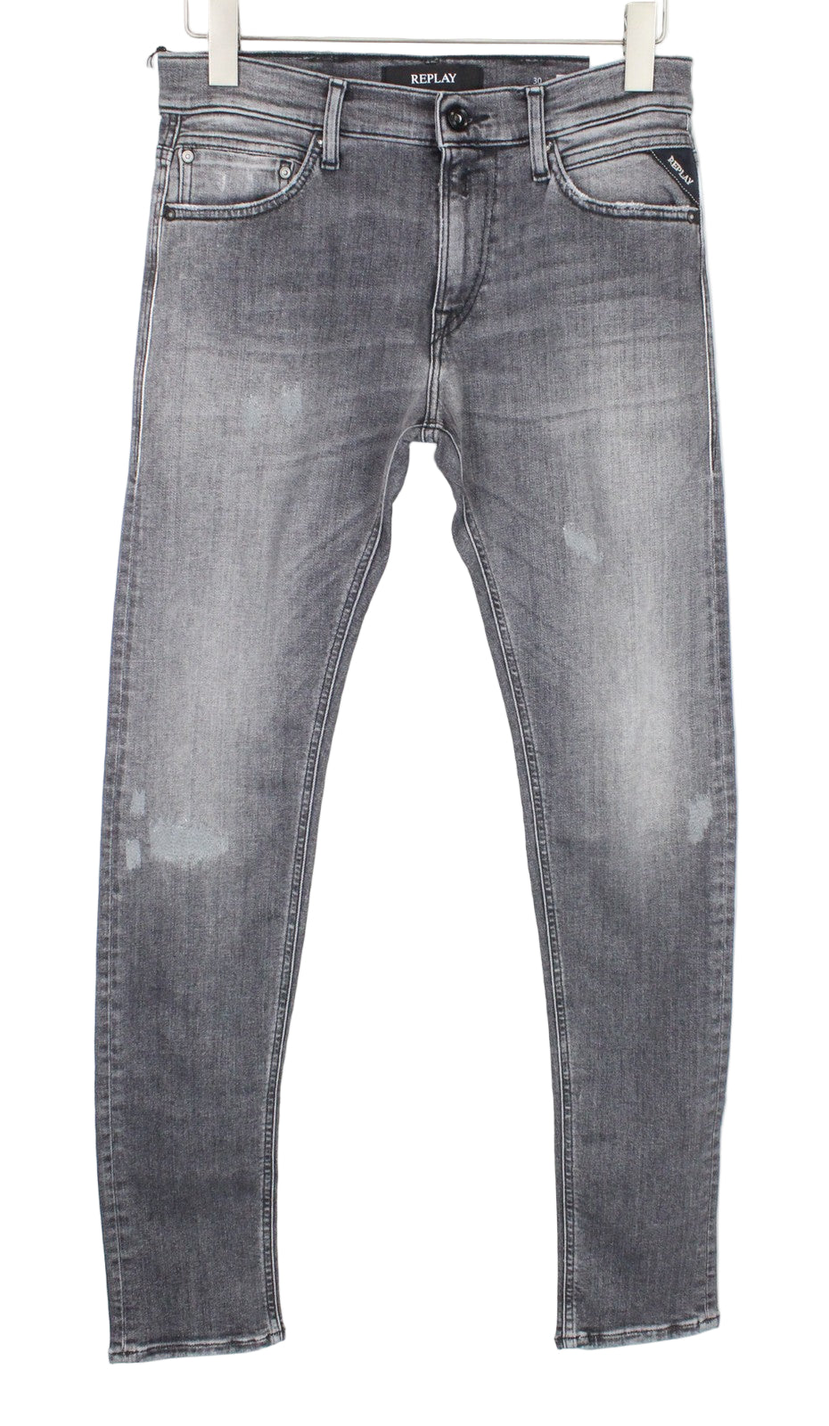 REPLAY Jondrill vyriški džinsai W30/L32 pilki, aptempti, tamprūs, sendinto audinio 