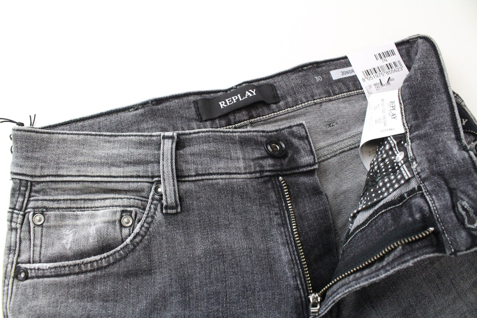 REPLAY Jondrill vyriški džinsai W30/L32 pilki, aptempti, tamprūs, sendinto audinio 