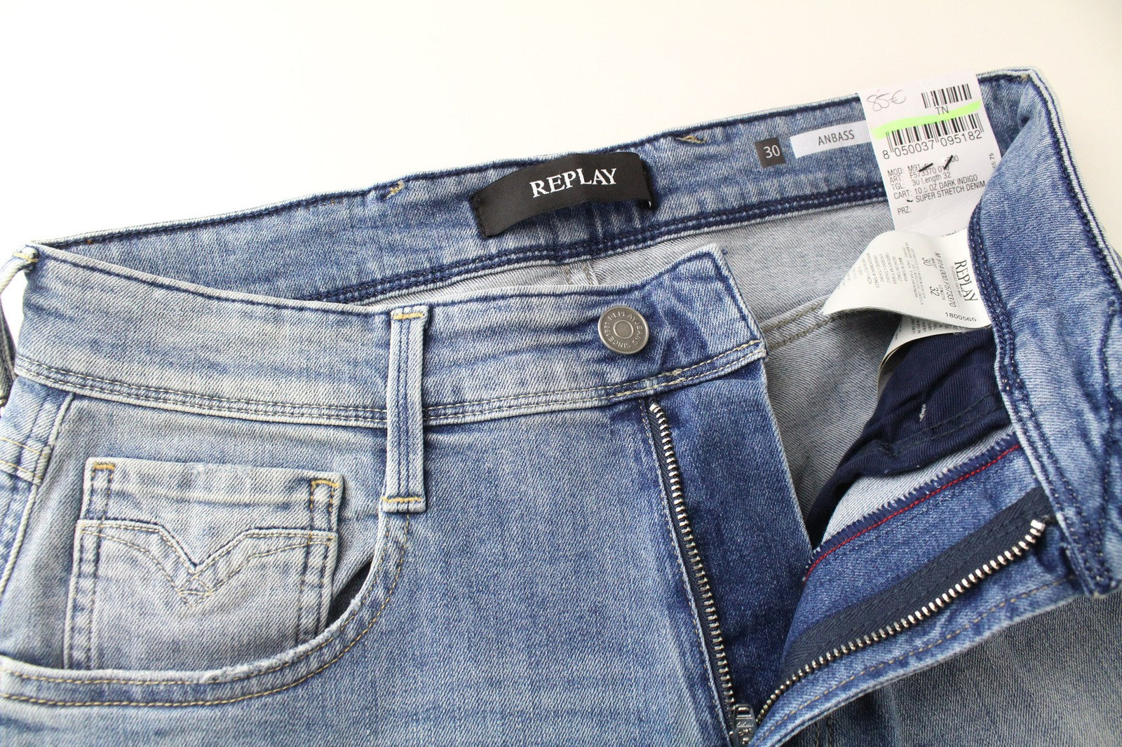 REPLAY Anbass vyriški džinsai W30/L32 šviesiai mėlyni, prigludę, itin tamprūs, su užtrauktuku 