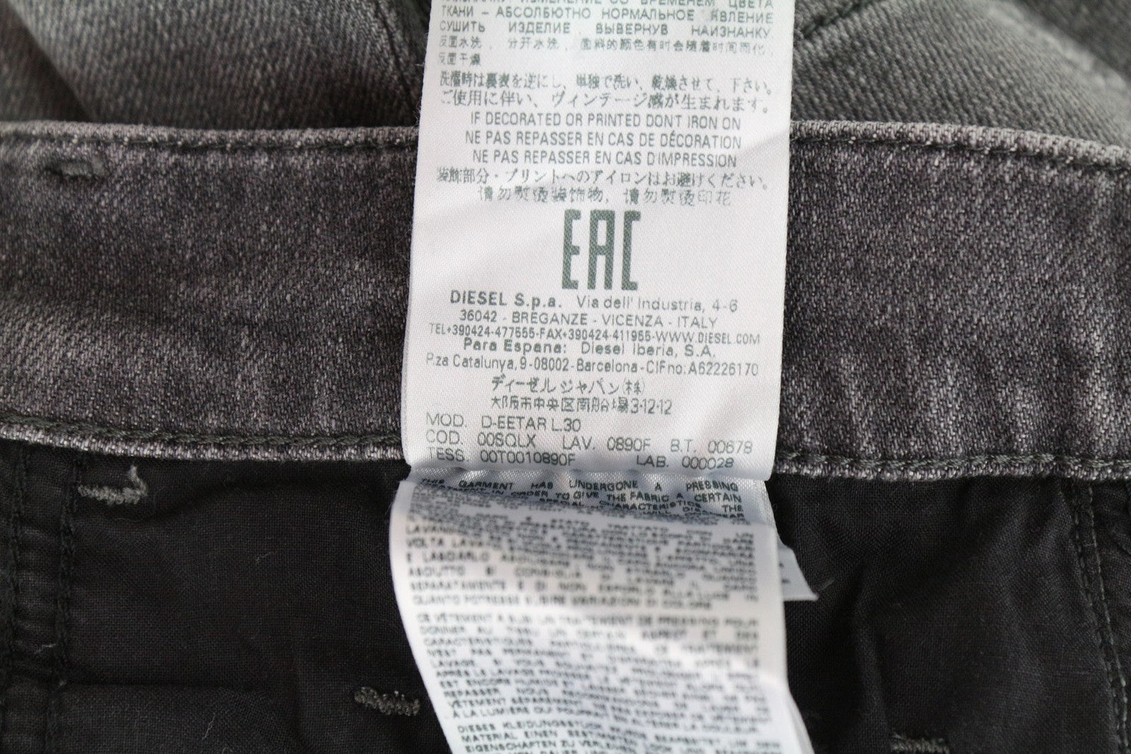 DIESEL D-Eetar 0890F vyriški džinsai W29/L30 siaurėjantys pilki plėšyti tamprūs medvilniniai džinsai 