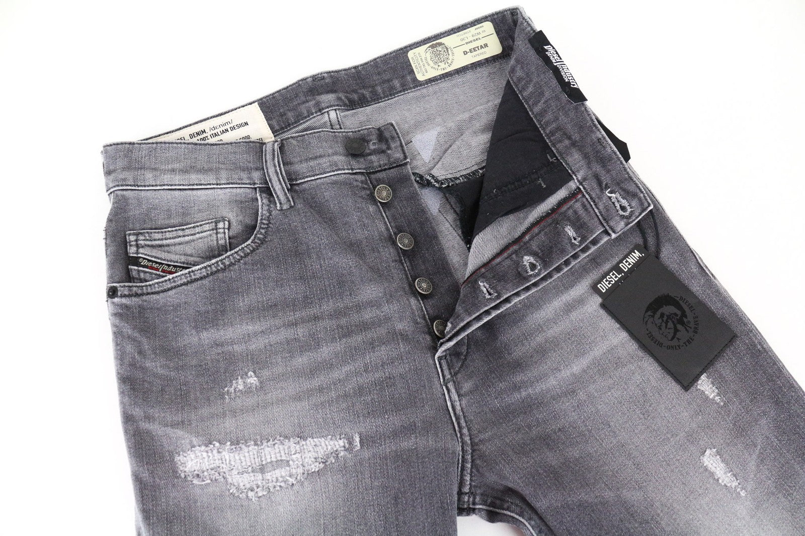 DIESEL D-Eetar 0890F vyriški džinsai W29/L30 siaurėjantys pilki plėšyti tamprūs medvilniniai džinsai 