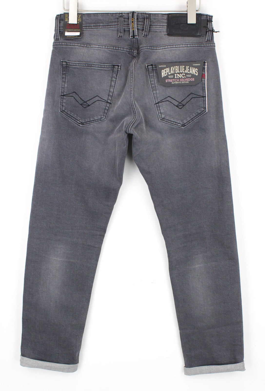 REPLAY Grover vyriški džinsai W30/L32 vidutinio pilkumo su tiesiomis, tampriomis sruogomis, klasikinio stiliaus 