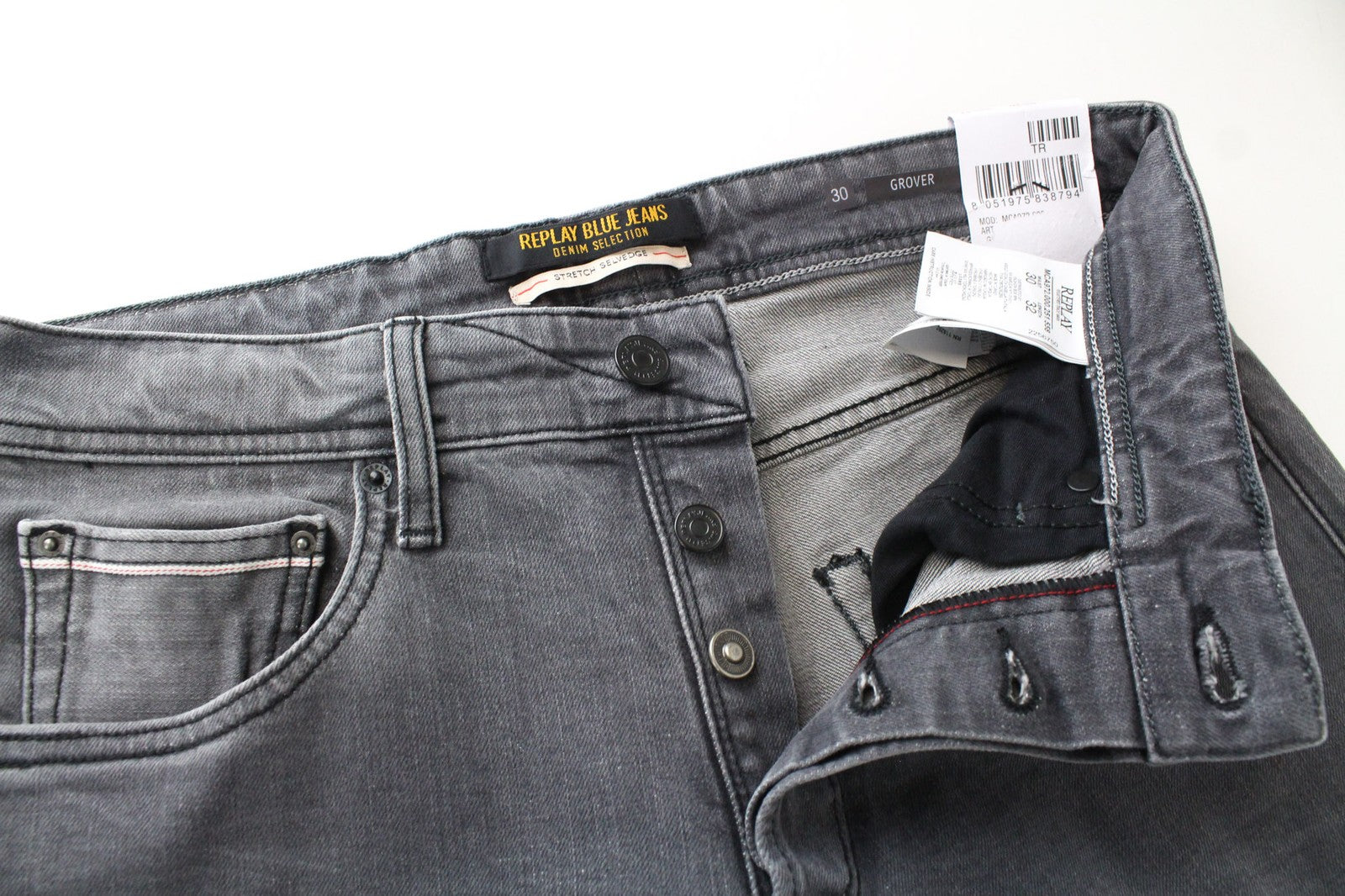 REPLAY Grover vyriški džinsai W30/L32 vidutinio pilkumo su tiesiomis, tampriomis sruogomis, klasikinio stiliaus 