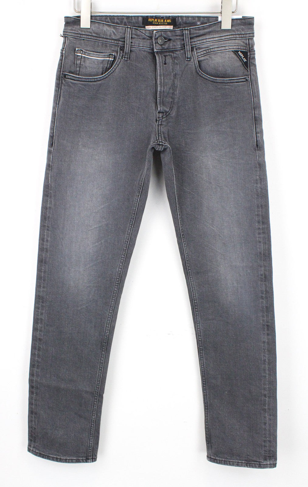 REPLAY Grover vyriški džinsai W30/L32 vidutinio pilkumo su tiesiomis, tampriomis sruogomis, klasikinio stiliaus 