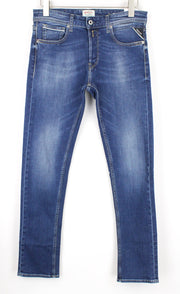 REPLAY Grover vyriški džinsai W30/L32 mėlyni, tiesaus kirpimo, tamprūs, klasikinio stiliaus, su sagomis 