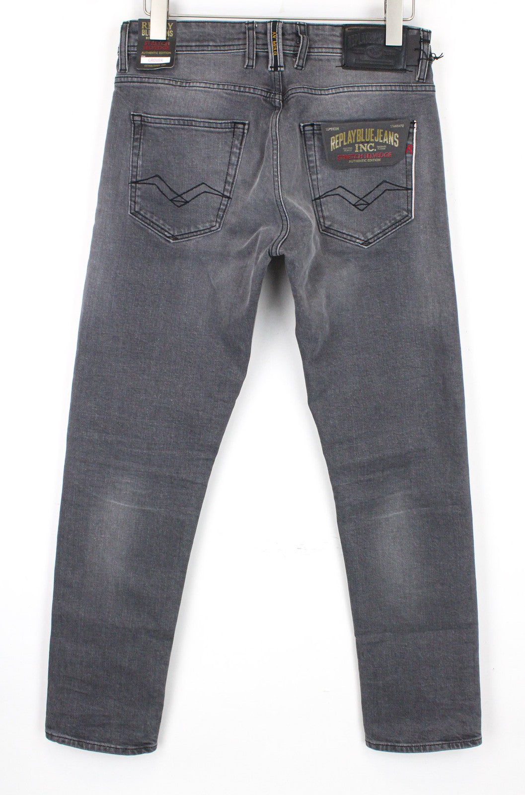 REPLAY Grover vyriški džinsai W30/L34 pilki, vidutinio tamprumo, tiesaus kirpimo, su sagomis 