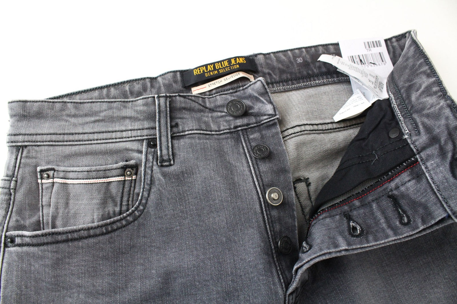 REPLAY Grover vyriški džinsai W30/L34 pilki, vidutinio tamprumo, tiesaus kirpimo, su sagomis 