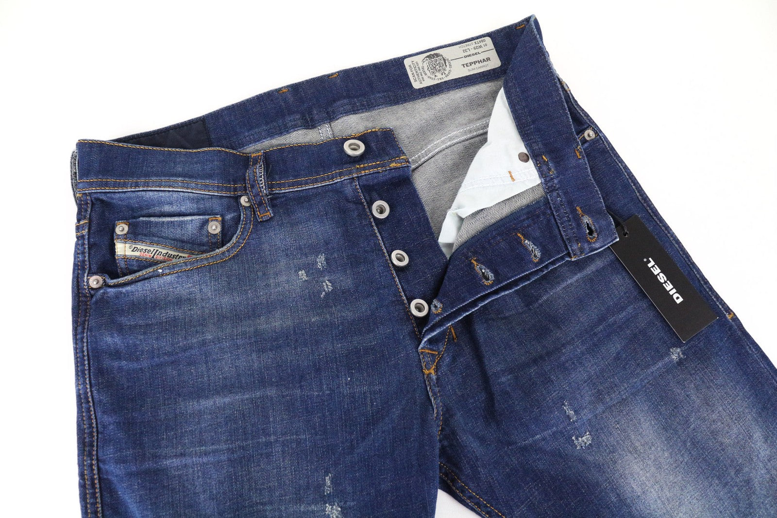 DIESEL Tepphar 084TX vyriški džinsai W29/L32 Slim Carrot Fit plėšytos mėlynos tamprios medžiagos 