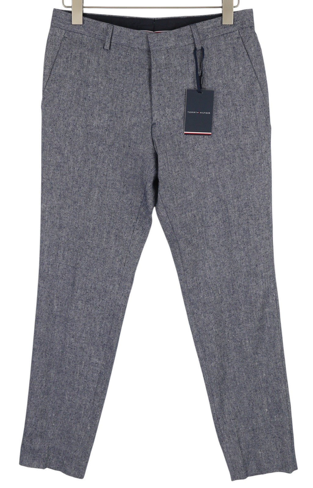 TOMMY HILFIGER vyriškos kelnės W31 mėlynos melanžo linijos vilnos ir šilko mišinio plonos kirpimo kelnės su užtrauktuku 