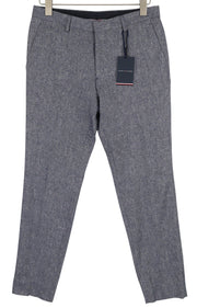 TOMMY HILFIGER vyriškos kelnės W31 mėlynos melanžo linijos vilnos ir šilko mišinio plonos kirpimo kelnės su užtrauktuku 