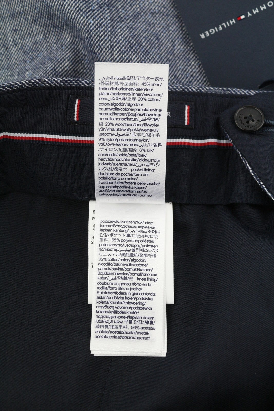 TOMMY HILFIGER vyriškos kelnės W31 mėlynos melanžo linijos vilnos ir šilko mišinio plonos kirpimo kelnės su užtrauktuku 