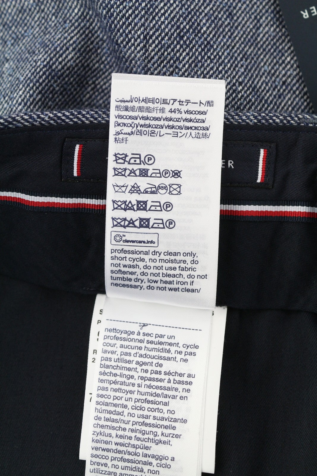 TOMMY HILFIGER vyriškos kelnės W31 mėlynos melanžo linijos vilnos ir šilko mišinio plonos kirpimo kelnės su užtrauktuku 