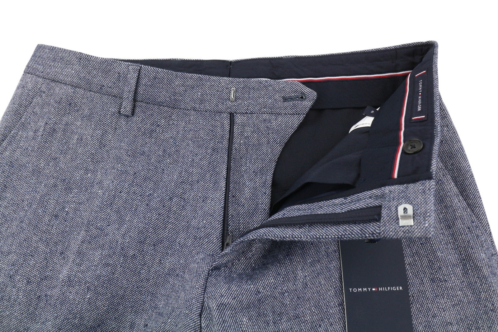 TOMMY HILFIGER vyriškos kelnės W31 mėlynos melanžo linijos vilnos ir šilko mišinio plonos kirpimo kelnės su užtrauktuku 