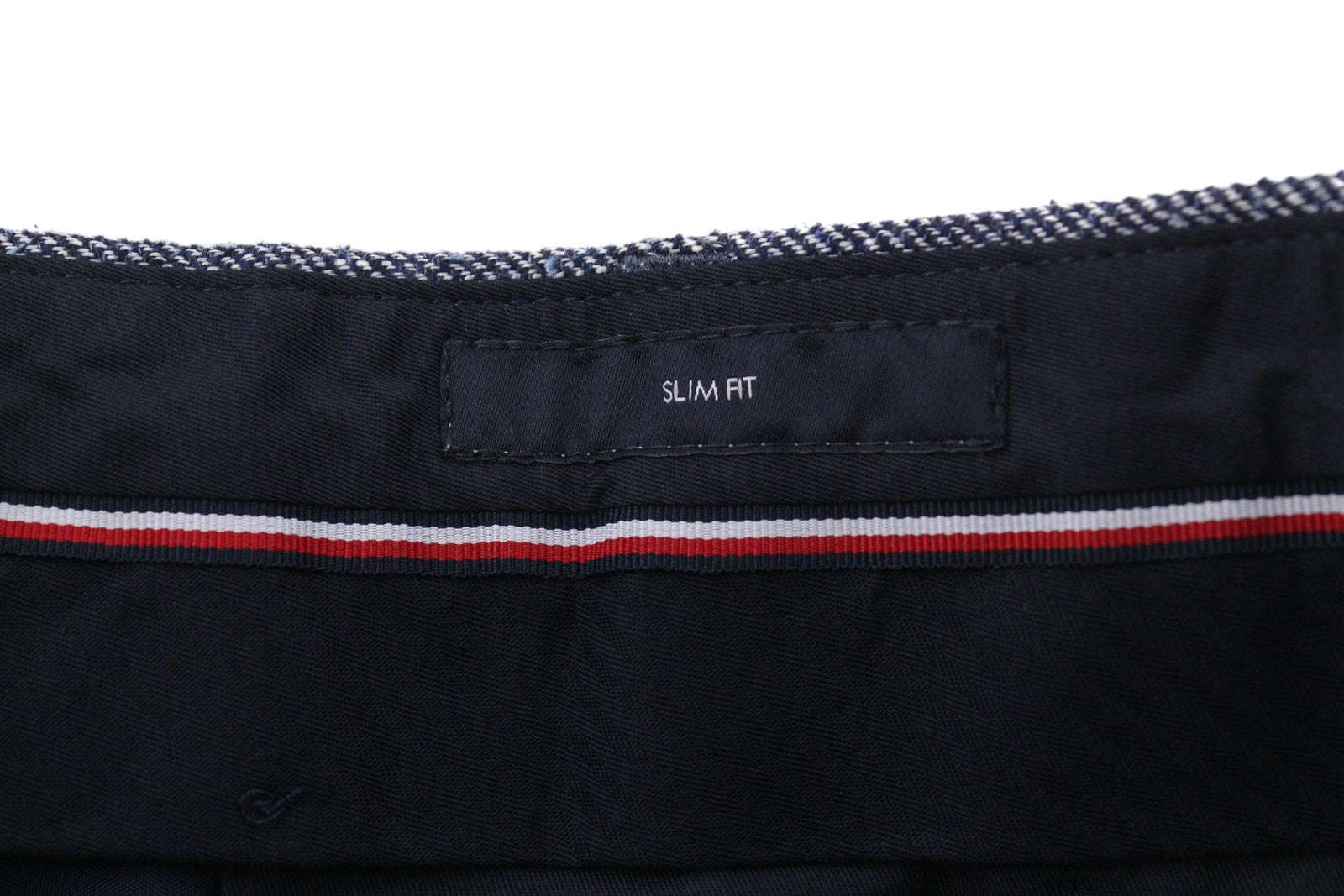 TOMMY HILFIGER vyriškos kelnės W31 mėlynos melanžo linijos vilnos ir šilko mišinio plonos kirpimo kelnės su užtrauktuku 