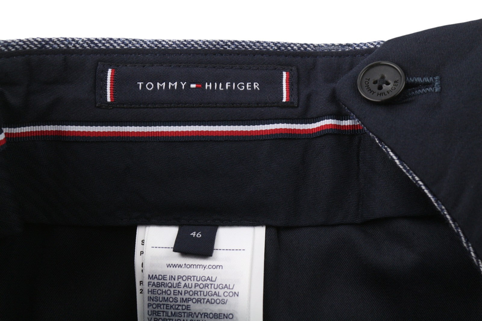 TOMMY HILFIGER vyriškos kelnės W31 mėlynos melanžo linijos vilnos ir šilko mišinio plonos kirpimo kelnės su užtrauktuku 