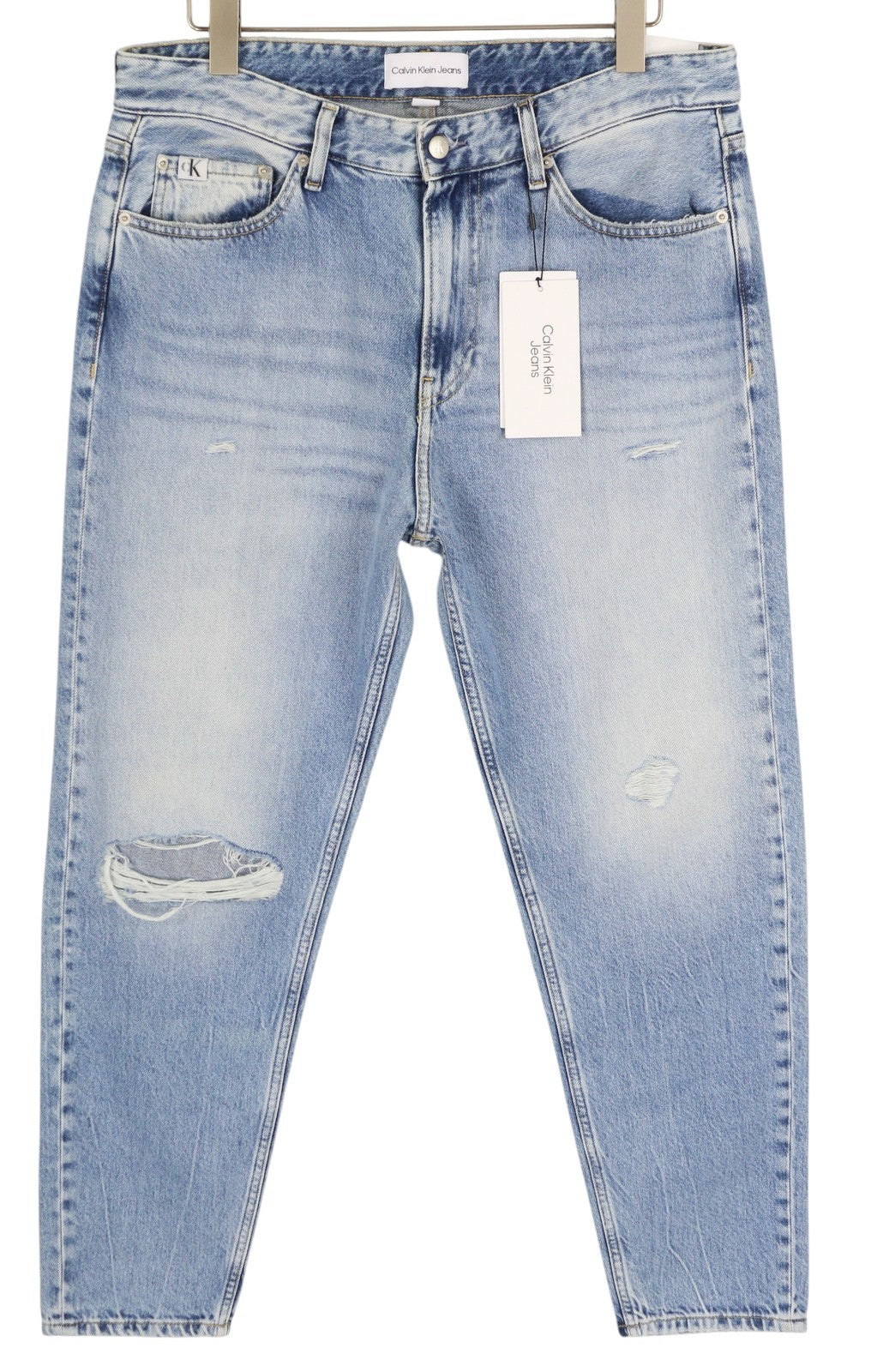 CALVIN KLEIN Regular Taper Men Jeans W33/L32 Blue Faded Ripped Distress Denim