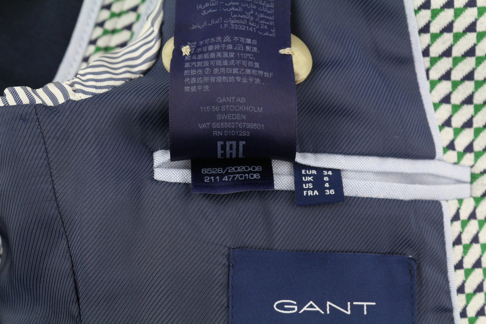 GANT Geo Jersey moteriškas švarkas EU34 raštuotas vienaeilis švarkas su įpjova atvarte su sagomis 