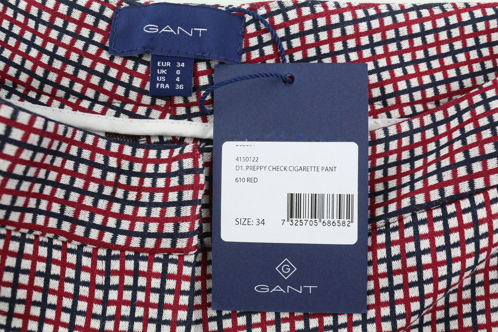GANT Preppy Check Cigarette moteriškos kelnės EU34 Slim Fit trumpintos iki kulkšnių 