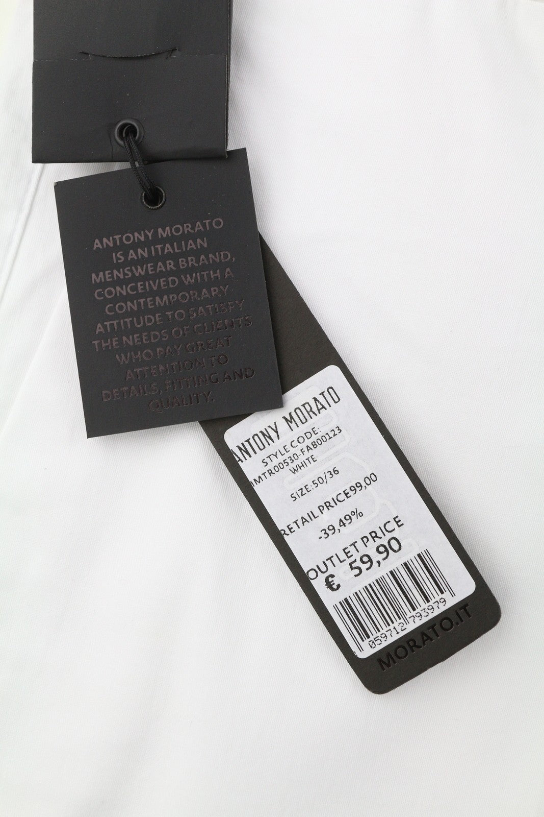 ANTONY MORATO vyriškos kelnės W36 baltos chino stiliaus, plonas kirpimas, plokščia priekine užtrauktuku, laisvalaikio stiliaus. 