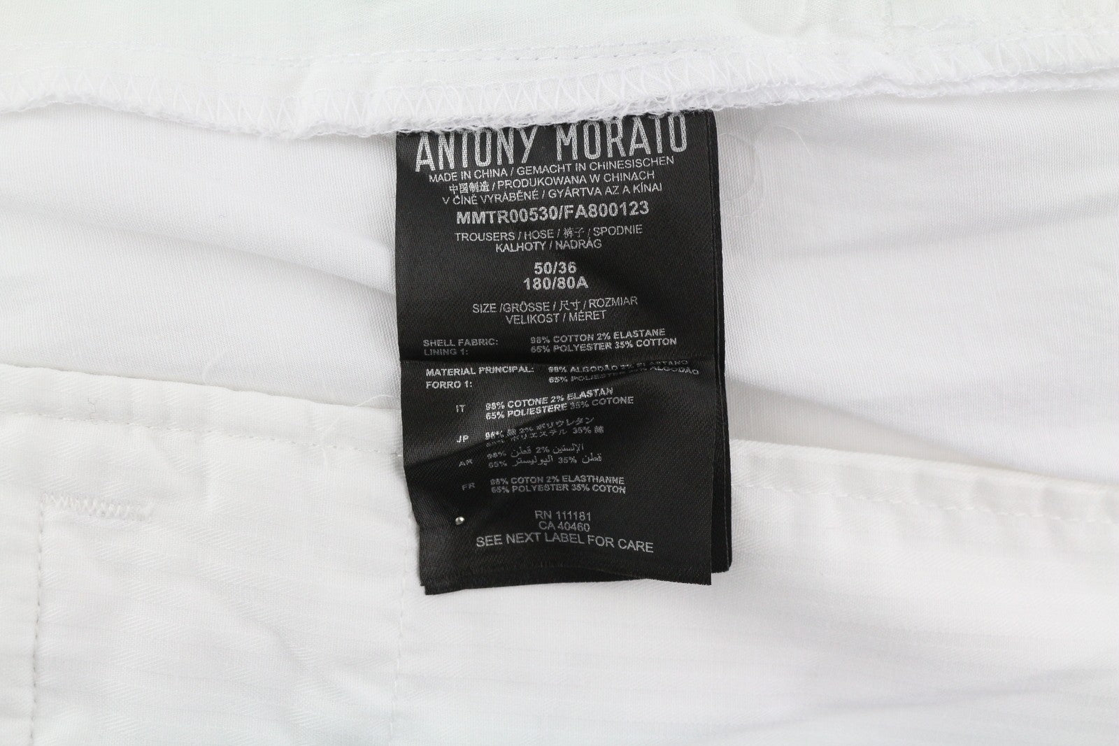 ANTONY MORATO vyriškos kelnės W36 baltos chino stiliaus, plonas kirpimas, plokščia priekine užtrauktuku, laisvalaikio stiliaus. 