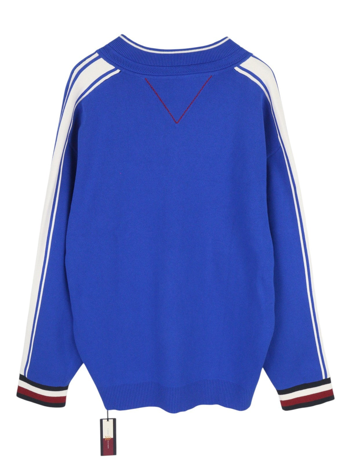 TOMMY HILFIGER V formos iškirptės kriketo vyriškas megztinis XL dydžio mėlynas, tvirtai megztas megztinis su logotipu 