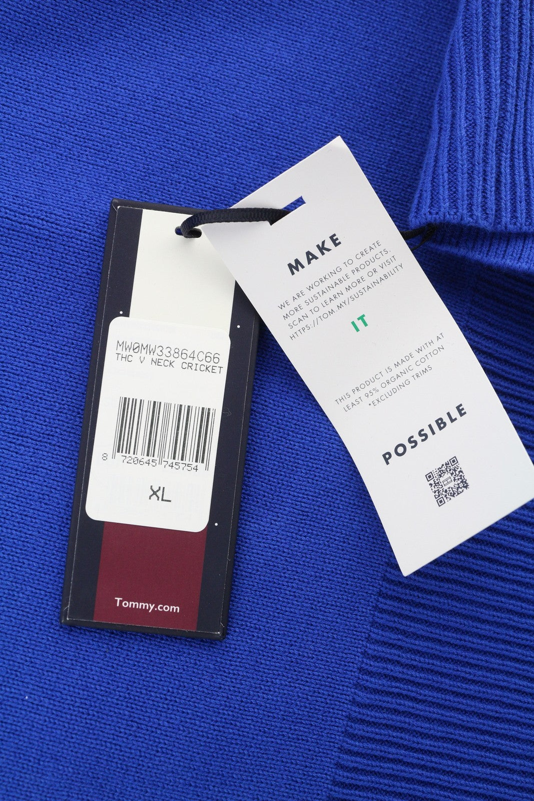 TOMMY HILFIGER V formos iškirptės kriketo vyriškas megztinis XL dydžio mėlynas, tvirtai megztas megztinis su logotipu 