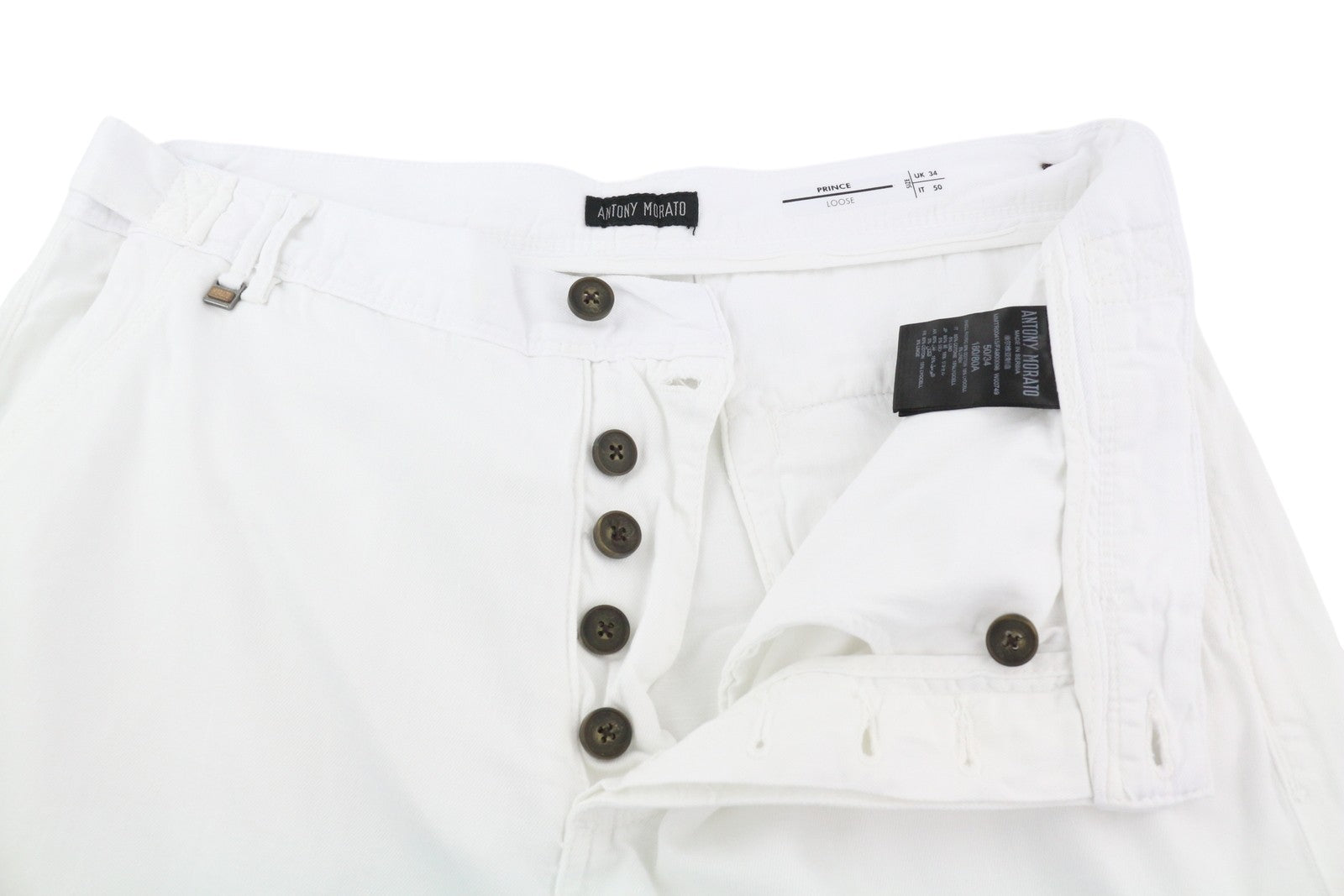 ANTONY MORATO Prince vyriškos kelnės W34 baltos lino mišinio laisvo kirpimo su sagomis