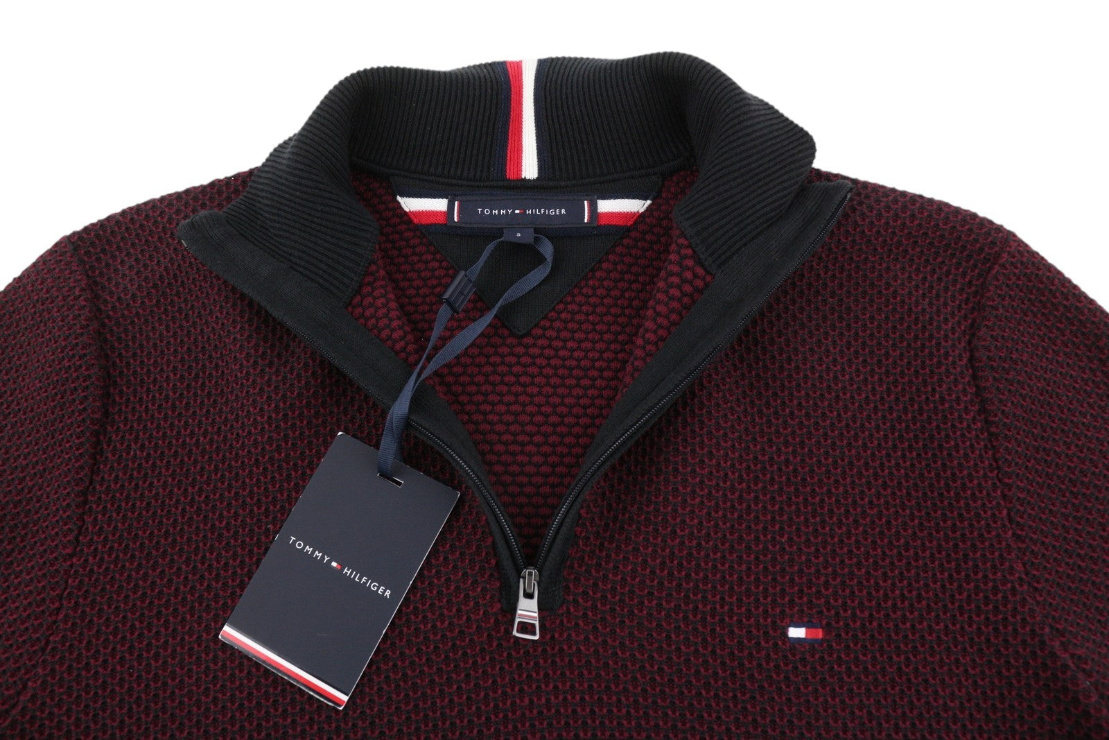 TOMMY HILFIGER dviejų spalvų užtrauktuku užtrauktukas vyrams, S, bordo spalvos, megztas megztinis, rekomenduojama kaina – 169 € 