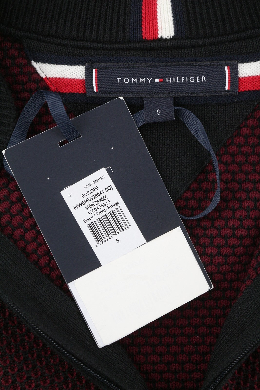 TOMMY HILFIGER dviejų spalvų užtrauktuku užtrauktukas vyrams, S, bordo spalvos, megztas megztinis, rekomenduojama kaina – 169 € 