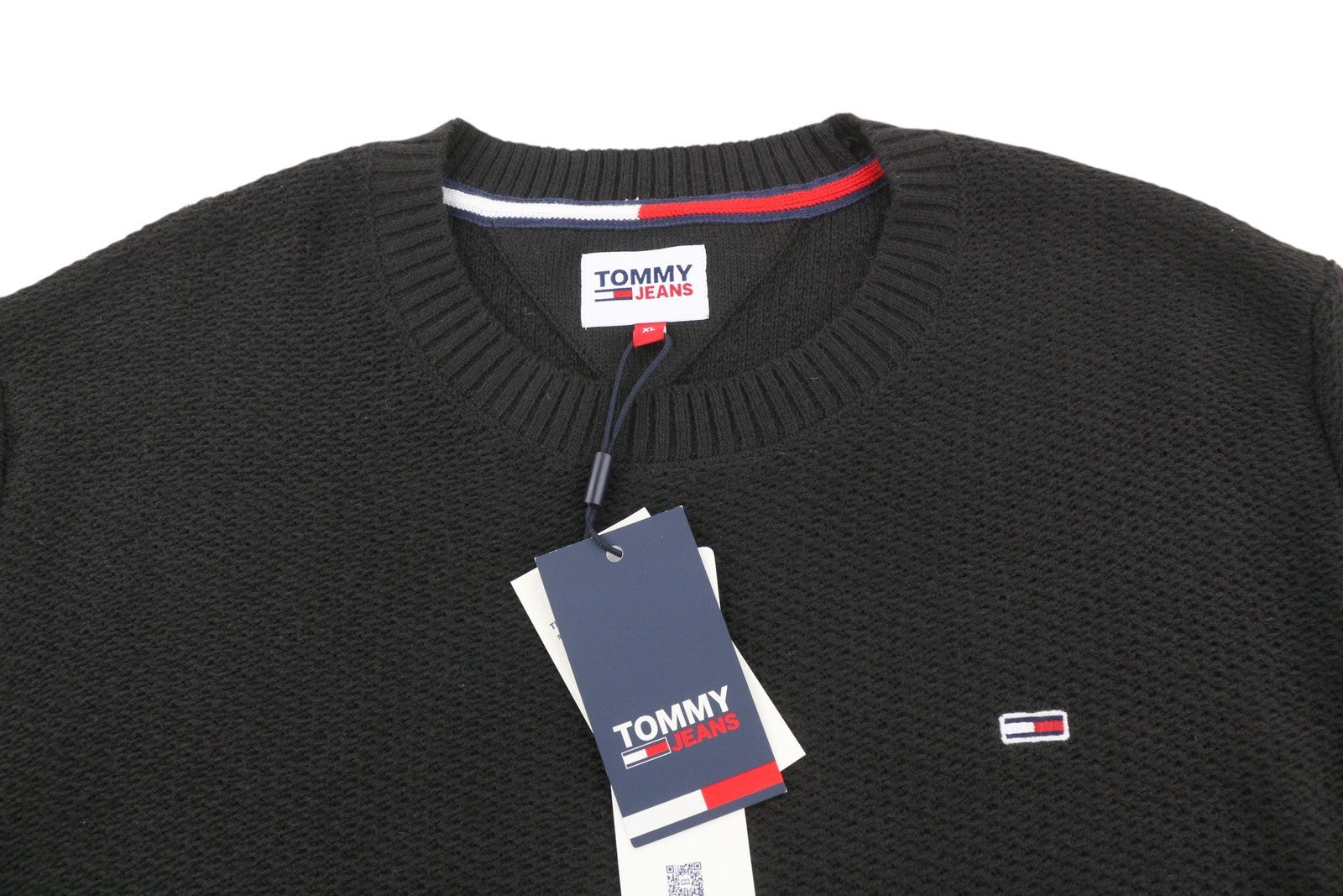 TOMMY HILFIGER Req Structured vyriškas megztinis XL dydžio, juodas, vafliniu raštu megztinis su apvalia kaklo iškirpte 