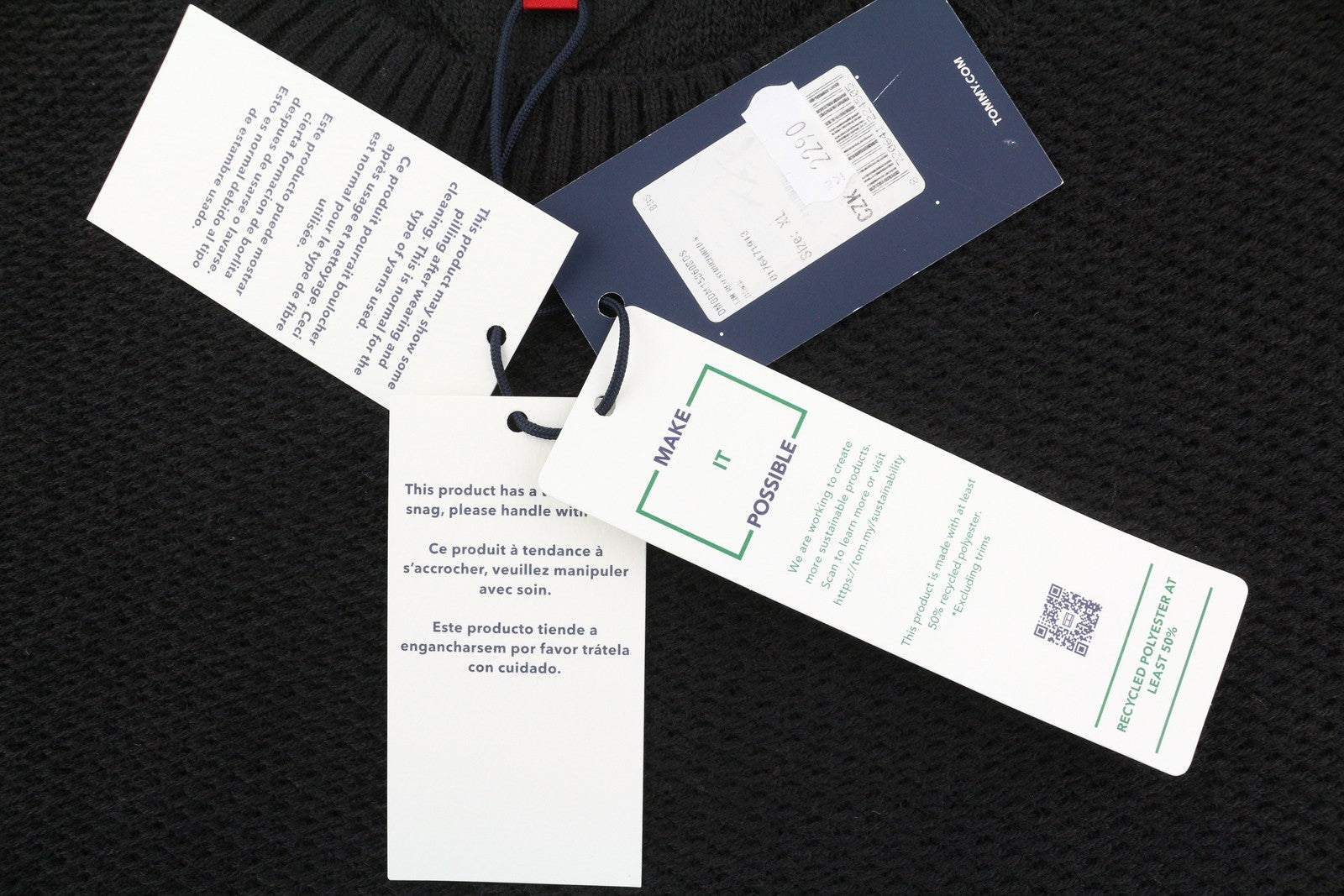 TOMMY HILFIGER Req Structured vyriškas megztinis XL dydžio, juodas, vafliniu raštu megztinis su apvalia kaklo iškirpte 