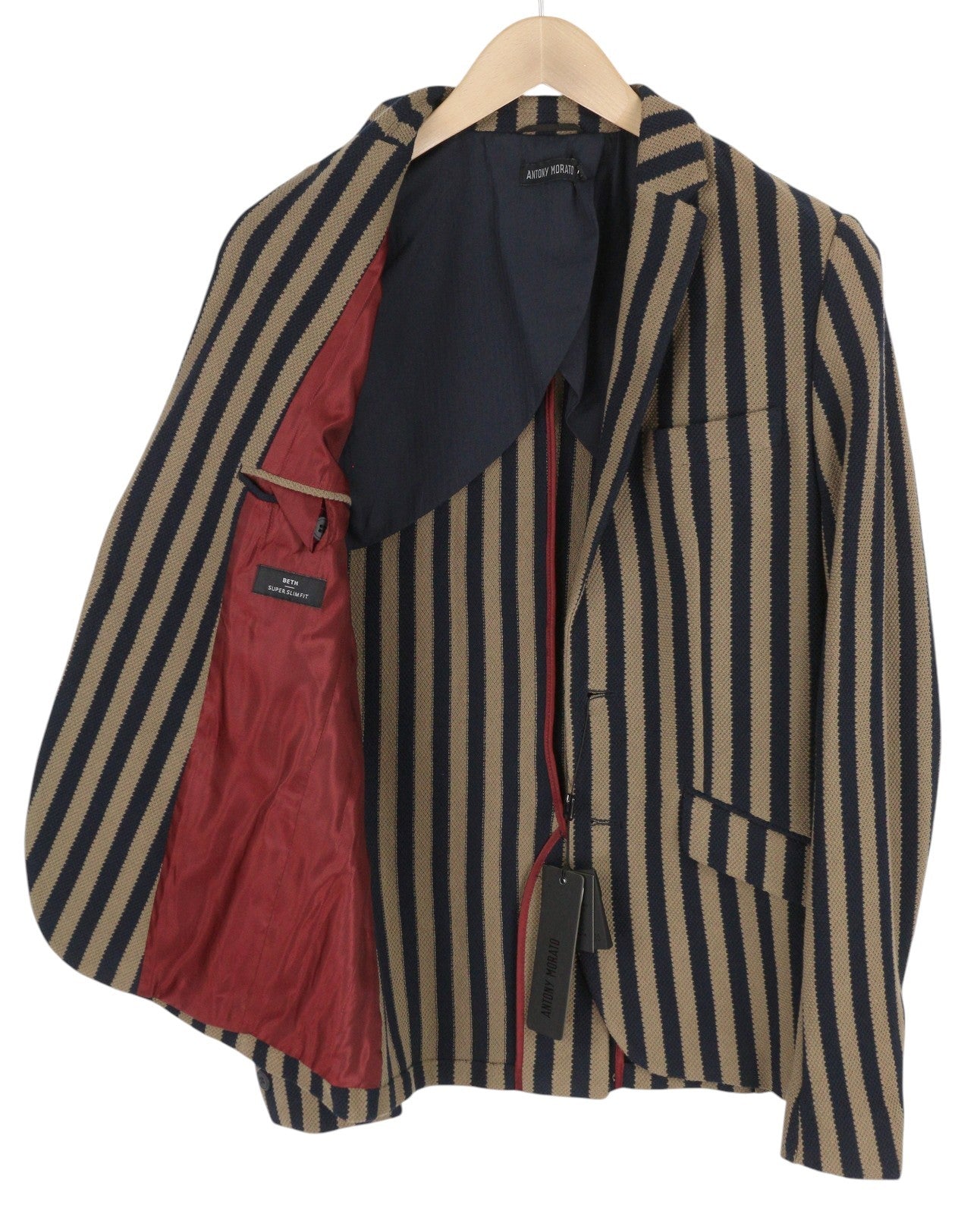 ANTONY MORATO vyriškas švarkas S, rudas, itin plonas, dryžuotas, vienaeilis. 