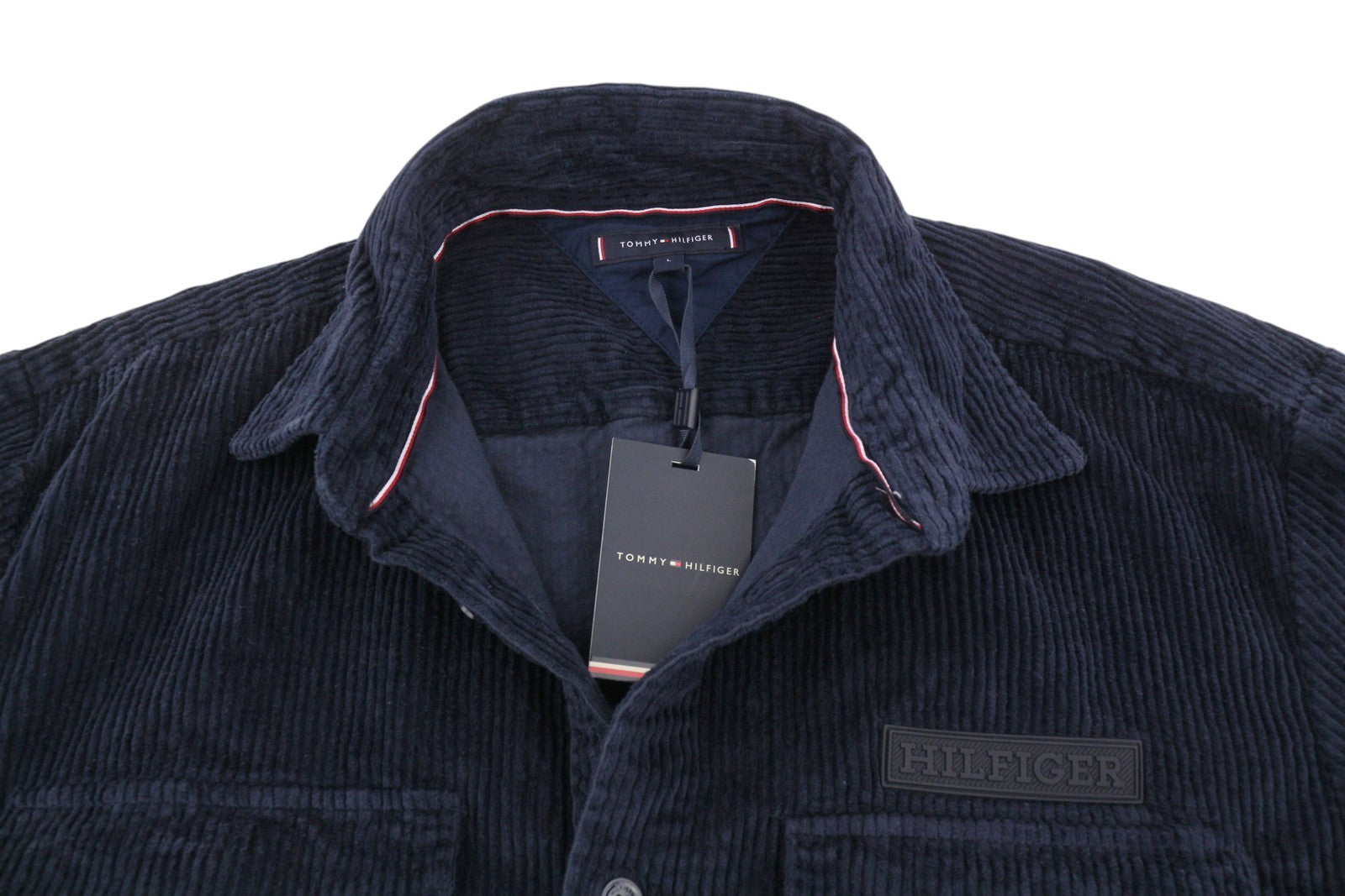 TOMMY HILFIGER „Corduroy Solid Overshirt“ vyriška striukė, L dydžio, tamsiai mėlyna, su sagomis, rekomenduojama kaina – 158 € 