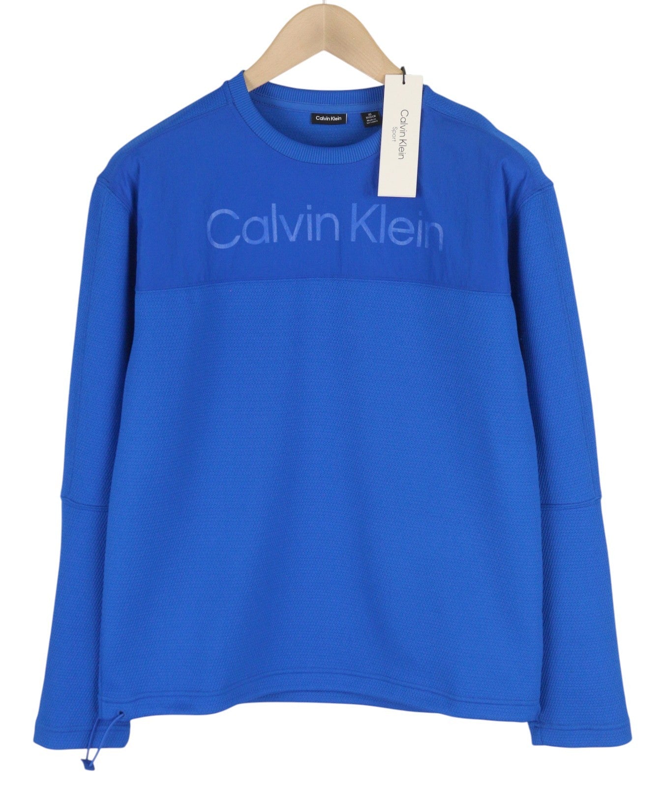 CALVIN KLEIN vyriškas džemperis XS dydžio, mėlynas, sportinis megztinis su apvalia apykakle ir logotipu, rekomenduojama kaina – 109 € 