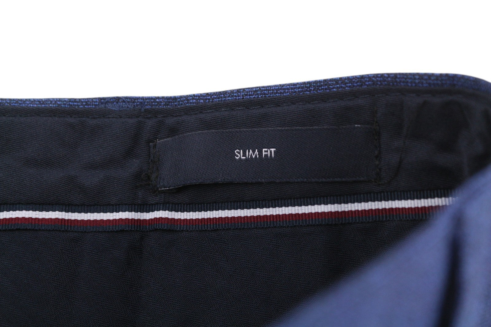 TOMMY HILFIGER Micro Structure vyriškos kelnės W31 mėlynos THFlex vilnos mišinio plonas kirpimas 