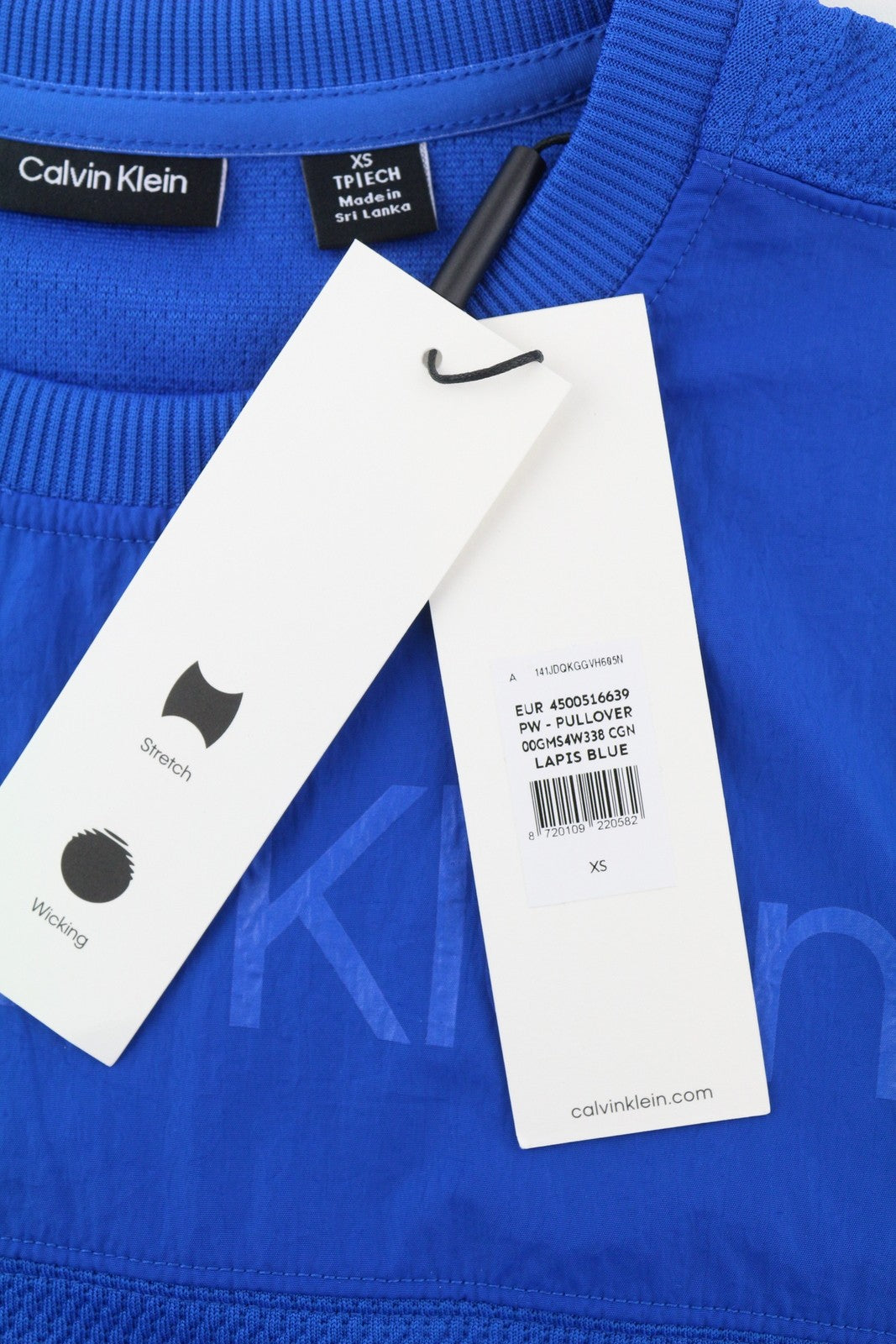 CALVIN KLEIN vyriškas džemperis XS dydžio, mėlynas, sportinis megztinis su apvalia kaklo iškirpte ir logotipu priekyje, rekomenduojama kaina – 109 € 