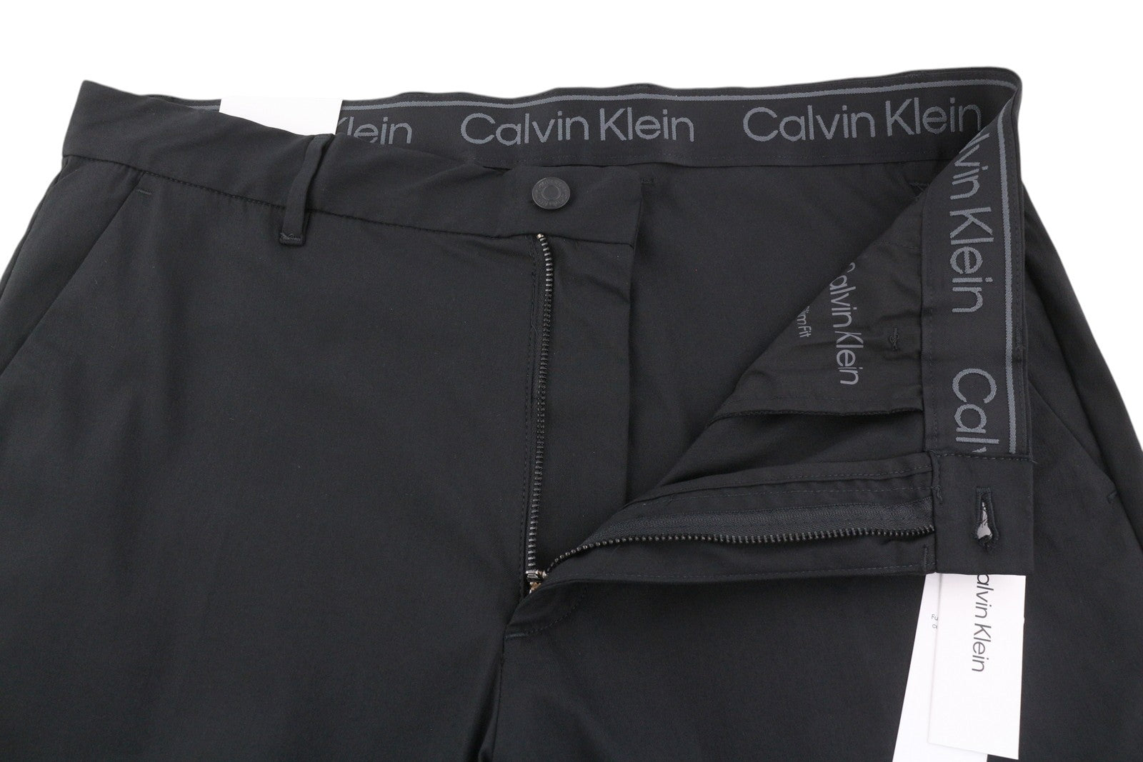 CALVIN KLEIN Tech Cotton Stretch Slim vyriškos kelnės M juodos Slim Fit su užtrauktuku laisvalaikio stiliaus 