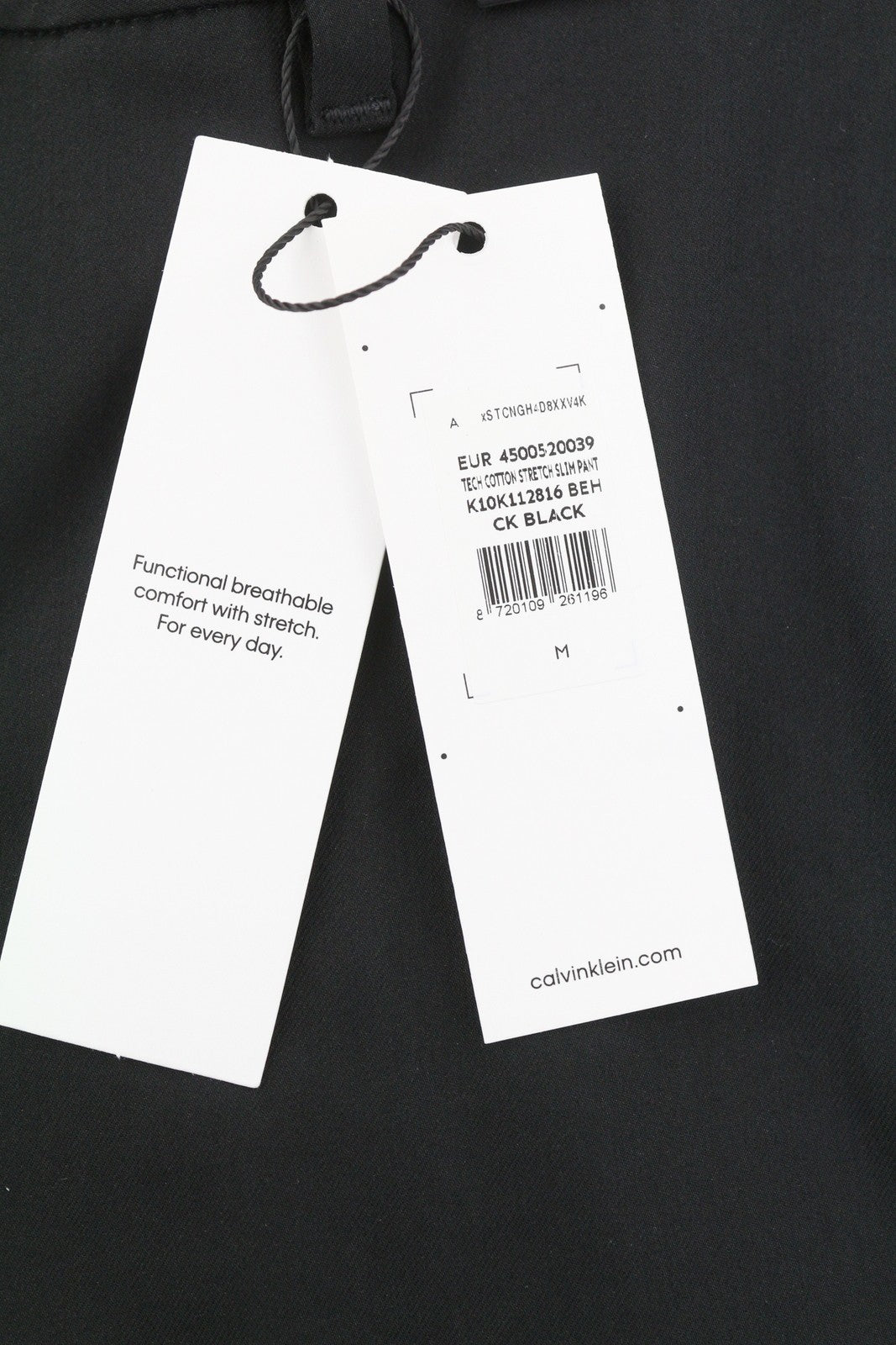 CALVIN KLEIN Tech Cotton Stretch Slim vyriškos kelnės M juodos Slim Fit su užtrauktuku laisvalaikio stiliaus 