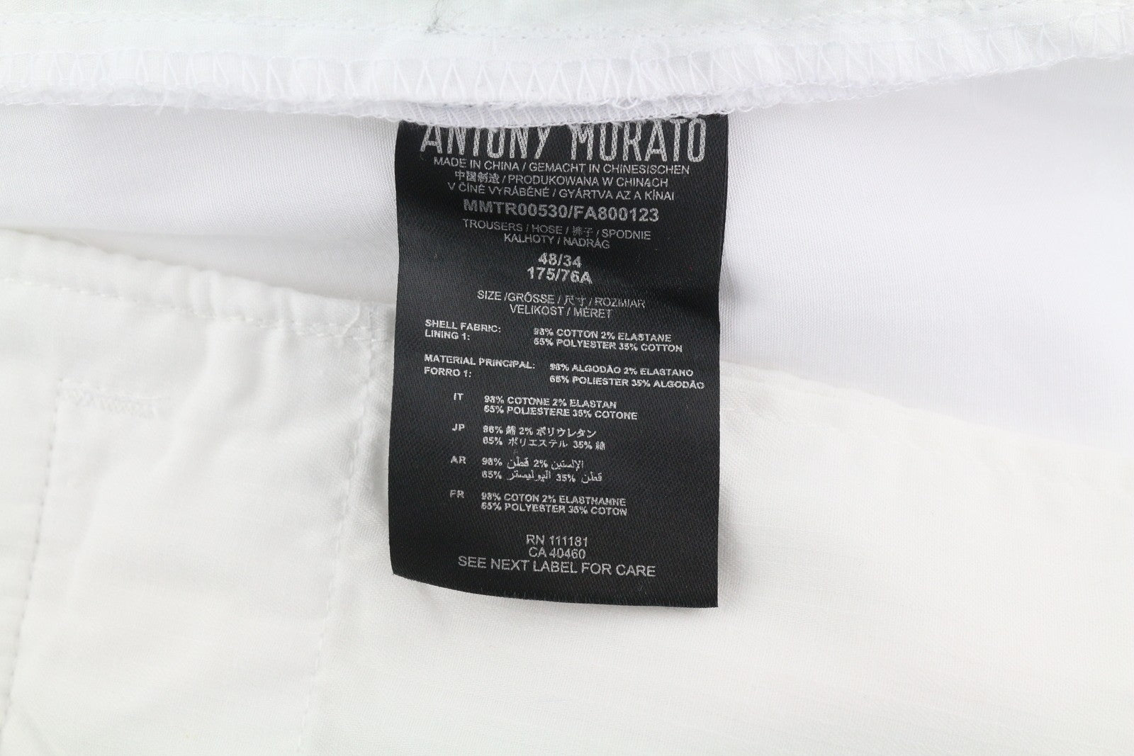 ANTONY MORATO vyriškos kelnės W34 baltos chino stiliaus, plonas kirpimas, plokščia priekine užtrauktuku, laisvalaikio stiliaus. 