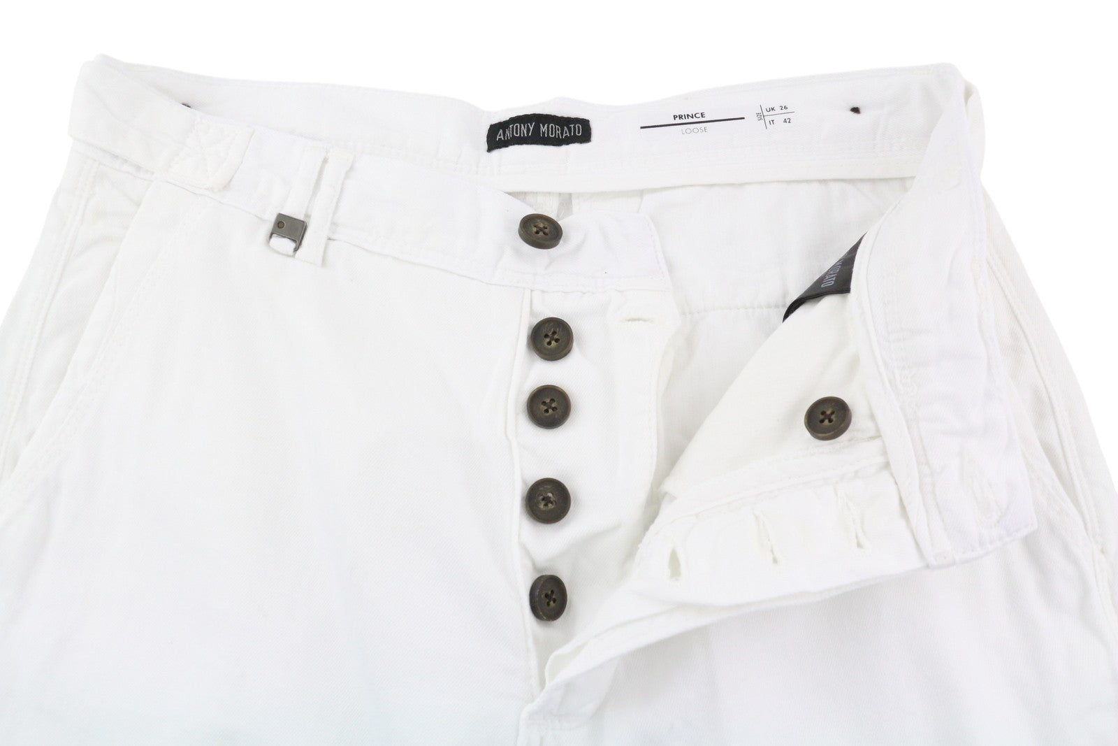 ANTONY MORATO Prince vyriškos kelnės W26 baltos lino mišinio laisvo kirpimo su sagomis 