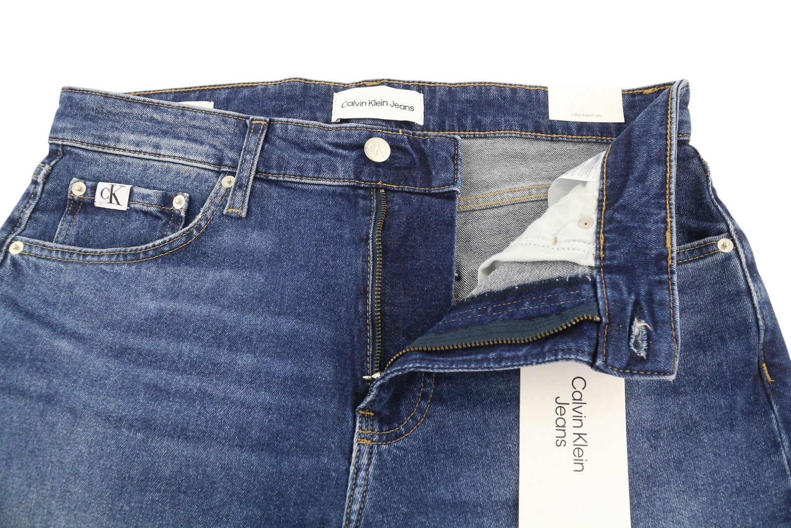 CALVIN KLEIN Dad vyriški džinsai W30 mėlyni išblukę trumpi siaurėjantys klešnės užtrauktukai džinsai 