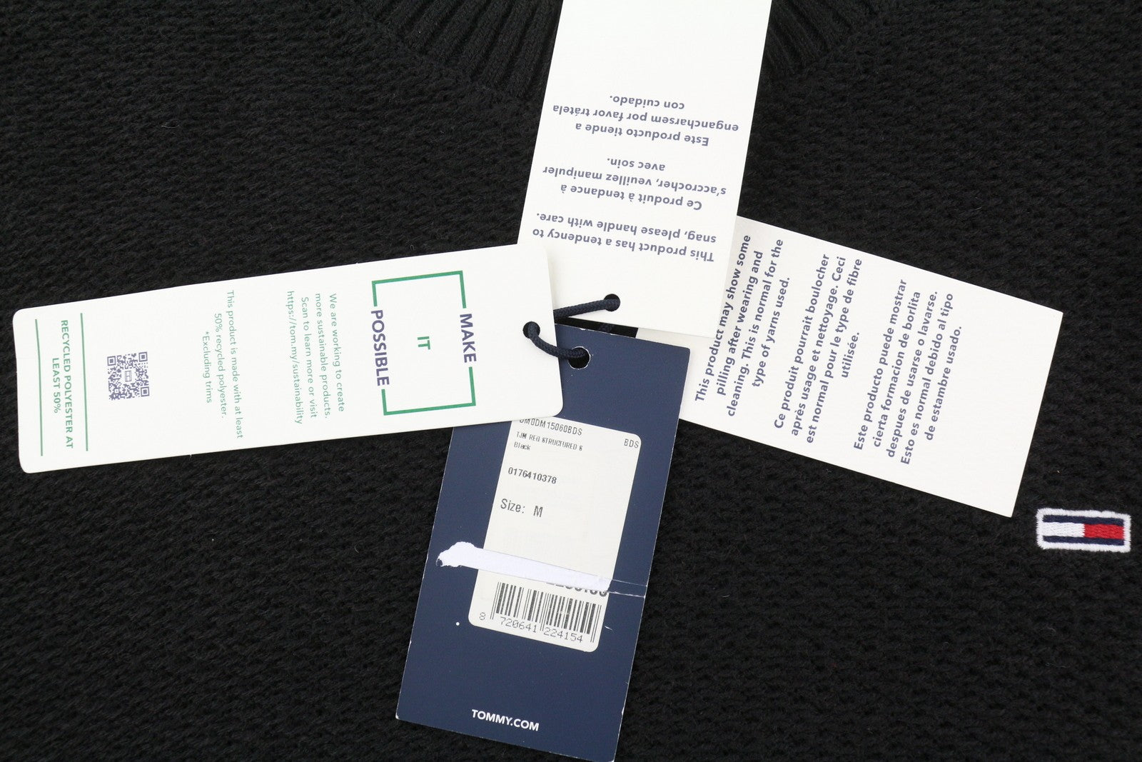 TOMMY HILFIGER Req Structured vyriškas megztinis M, juodas, megztinis su apvalia kaklo iškirpte 