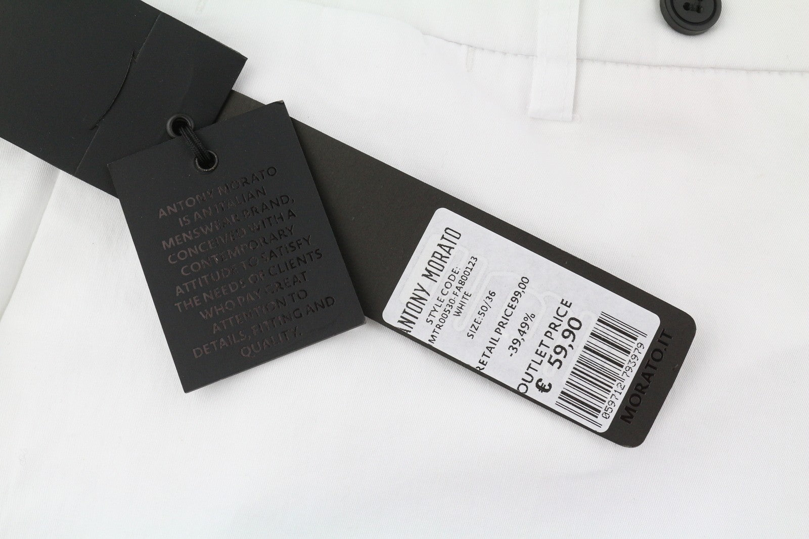 ANTONY MORATO vyriškos kelnės W36 baltos chino stiliaus, plonas kirpimas, plokščia priekine užtrauktuku, laisvalaikio stiliaus. 