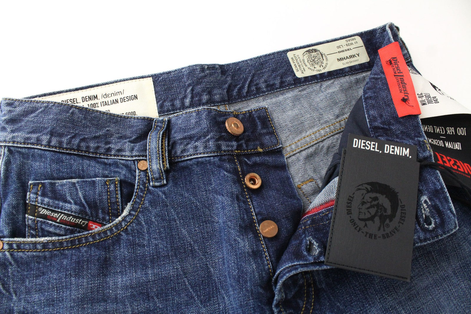 DIESEL Mharky 080AG vyriški džinsai W29/L30 Slim Skinny Fit, dirbtinės mėlynos medvilnės 