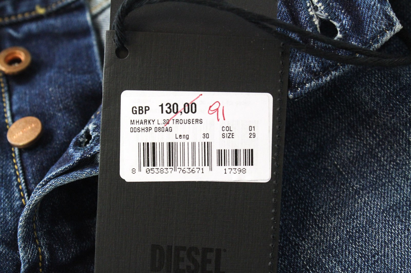 DIESEL Mharky 080AG vyriški džinsai W29/L30 Slim Skinny Fit, dirbtinės mėlynos medvilnės 