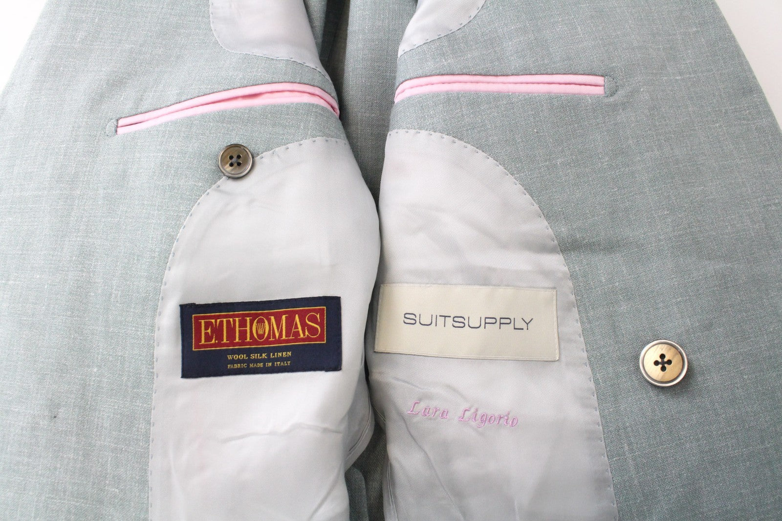 SUITSUPPLY La Spalla Men's Suit UK30R Double-Breasted Green Wool Silk Linen Set