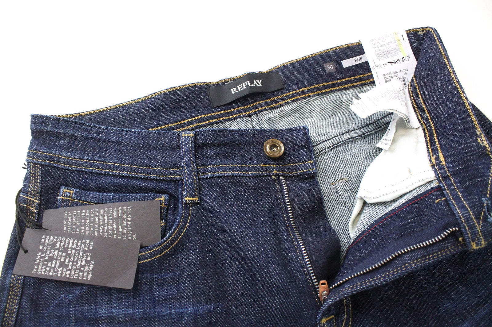 REPLAY Rob vyriški džinsai W30/L34 tiesūs, siaurėjantys, mėlyni, tamprūs, džinsinio kirpimo 