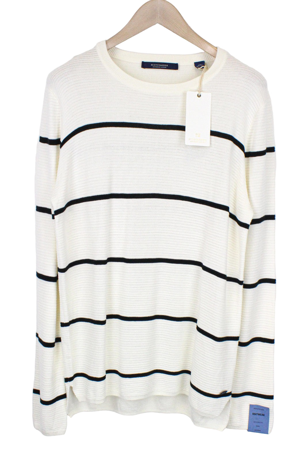 SCOTCH &amp; SODA Ams Couture vyriškas megztinis L dydžio balkšvas, aptemptas, dryžuotas megztinis 