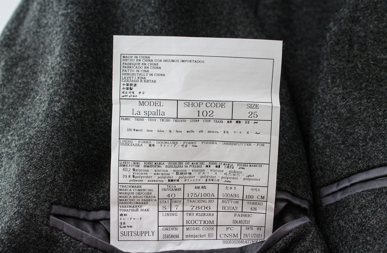 SUITSUPPLY La Spalla Men's Suit UK40S Slim Grey Unlined Classic Pure Wool Two