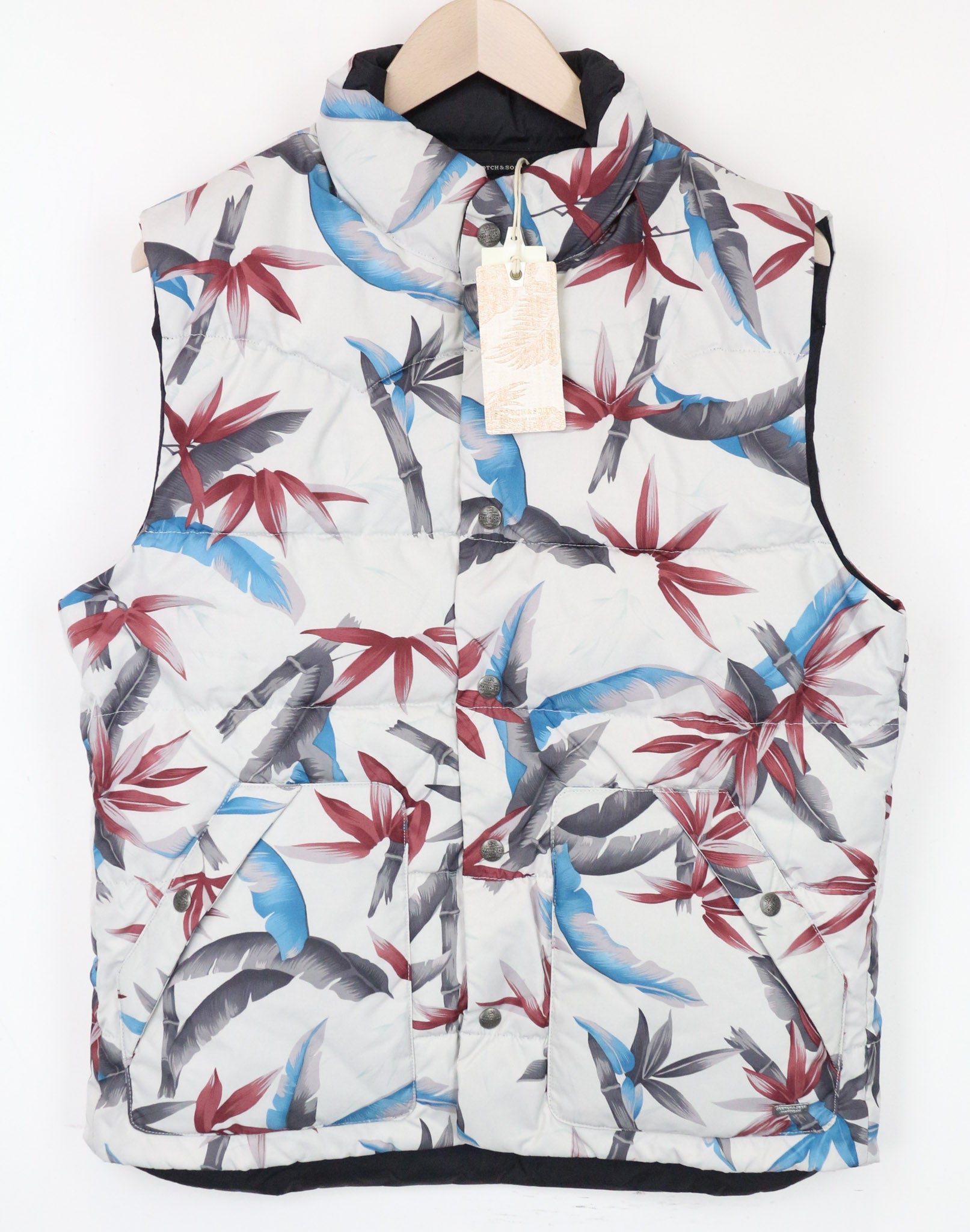 SCOTCH &amp; SODA vyriška dygsniuota liemenė L, dvipusė, balkšva, su lapų raštu, užsegama sagomis 